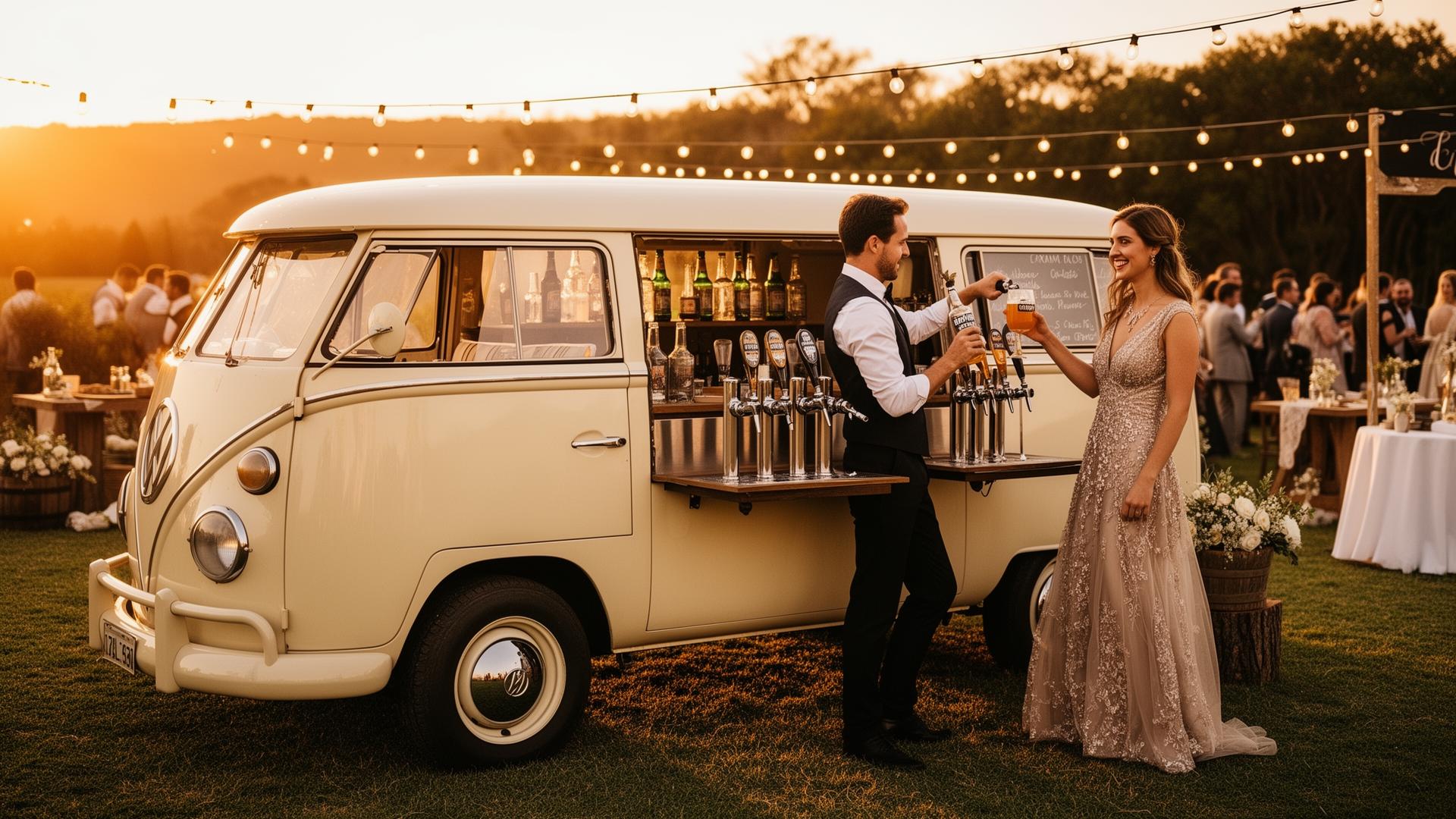 Kombi Konversa com 6 torneiras servindo chopp em casamento ao ar livre, hora dourada