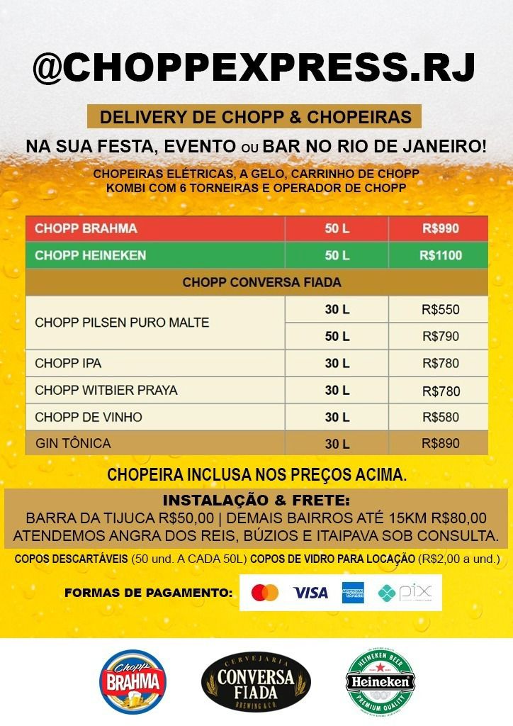 Tabela completa de preços Chopp Express RJ — Brahma, Heineken e Conversa Fiada